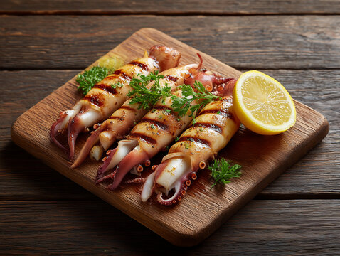 Grilled squid calamari plate with lemon and fresh parsley