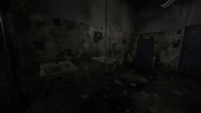 Abandoned utility room in shadow, scattered fragments on floor and stained walls, faint hints of former function visible in wall fixtures, oppressive mood