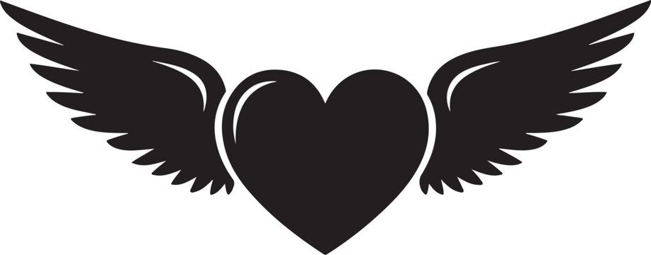 Black heart wings, winged heart symbol, love icon, heart with wings vector