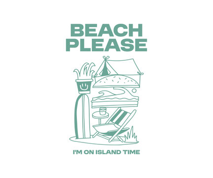 Summer Paradise Beach T shirt Design. Beach Quotes, Outdoor, Vacation, Holiday. Cartoon Vector Illustration. Palm Beach Graphic Tee for Print.