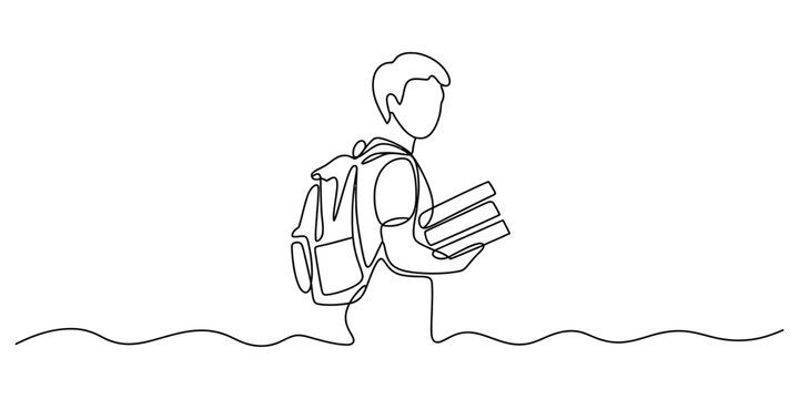 Continuous line drawing, minimalist student with backpack and books, simple vector illustration, educational concept