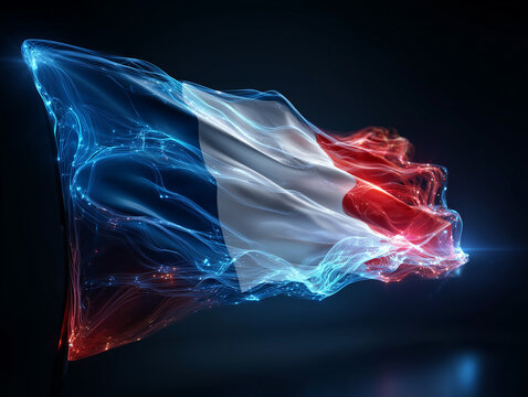 French flag waving with glowing digital energy lines