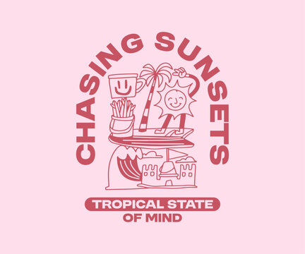 Summer Paradise Beach T shirt Design. Beach Quotes, Outdoor, Vacation, Holiday. Cartoon Vector Illustration. Palm Beach Graphic Tee for Print. Chasing Sunsets