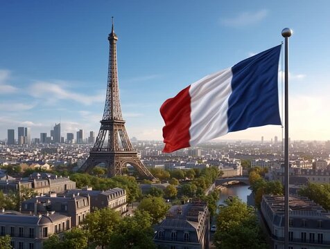 French flag flying over the eiffel tower in paris