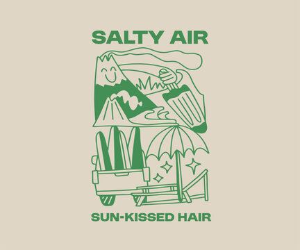 Summer Paradise Beach T shirt Design. Beach Quotes, Outdoor, Vacation, Holiday. Cartoon Vector Illustration. Palm Beach Graphic Tee for Print. Salty Air