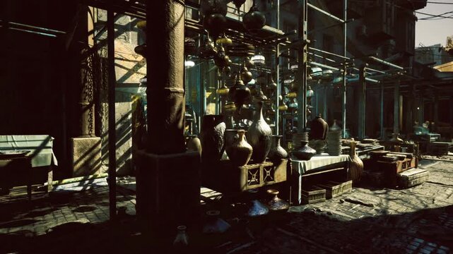 Detailed brass closeup albalad market, polished curves and engraved patterns on jugs and lamps, warm highlights accentuating scratches and age, intimate artisan