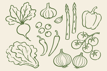 Obraz na płótnie Canvas Vegetables set green naive sketch vector illustration