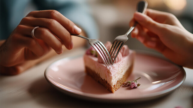 Close up of two hands gently lifting a single piece of cake with two forks meeting at the slice on a bright soft pastel plate sharing dessert cake for two sweet date fork