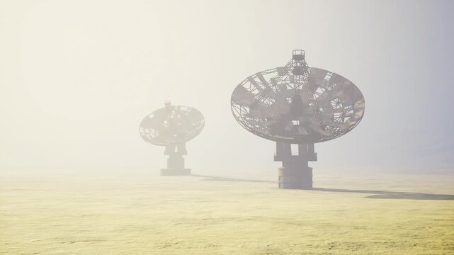 Hazy park with ornamental metal discs calm cinematic light, twin circular installations forming layered silhouettes against pale horizon, textured perforations