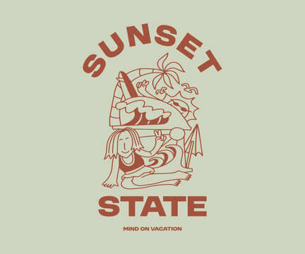 Summer Paradise Beach T shirt Design. Beach Quotes, Outdoor, Vacation, Holiday. Cartoon Vector Illustration. Palm Beach Graphic Tee for Print. Sunset State
