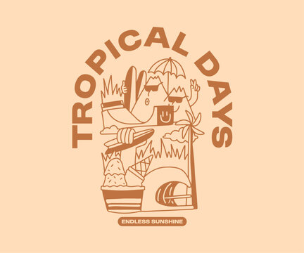 Summer Paradise Beach T shirt Design. Beach Quotes, Outdoor, Vacation, Holiday. Cartoon Vector Illustration. Palm Beach Graphic Tee for Print. Tropical Days