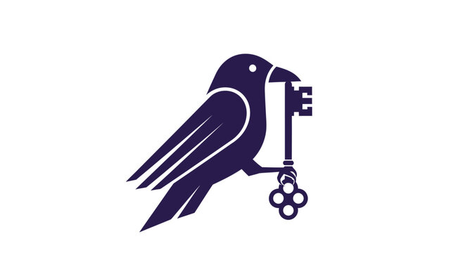 Stylized raven holding skeleton key on white background
