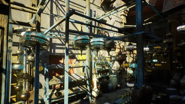 Golden hour workshop with metal fixtures, dense composition of ladders, pipes, gauges and old lamps, textured rust, concrete floor, stacked parts and tools