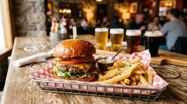 Delicious burger and fries with beer sampler on wooden table in restaurant