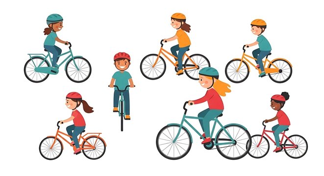 Diverse children in colorful helmets joyfully cycle on bicycles