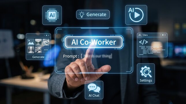 Person interacting with AI co-worker interface for generating content and assistance co worker artificial intelligence co-worker assistant technology interface computer futuristic automation