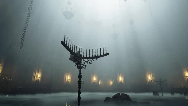 Historic hall with dramatic lighting and candles, empty set elements and foggy atmosphere suggest location scout for cinematic production and moody storytelling