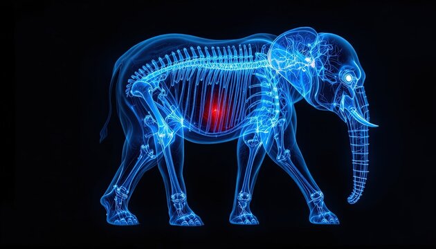 Digital visualization shows a glowing blue skeleton of an elephant against a dark background.