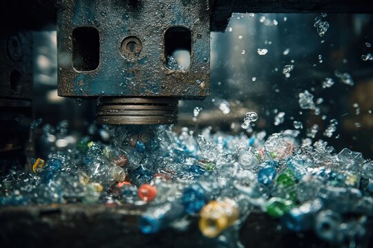 Mechanical press crushing plastic water bottles waste
