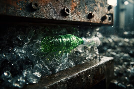 Waste management industrial press crushing plastic bottles