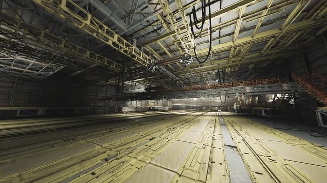 High platform used for structural inspection inside fuselage with access ladders, harness points, measurement tools and detailed panel views.