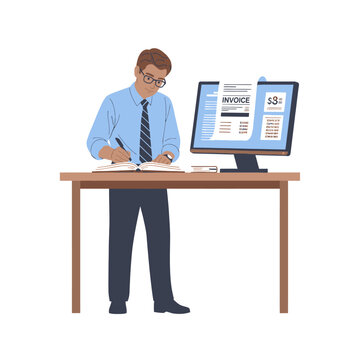 Auditor Reviewing Ledger Books and Digital Invoices for Corporate Compliance
