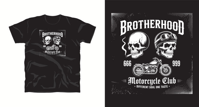 Motorcycle brotherhood t-shirt design with skulls and custom bike for motorcycle culture.