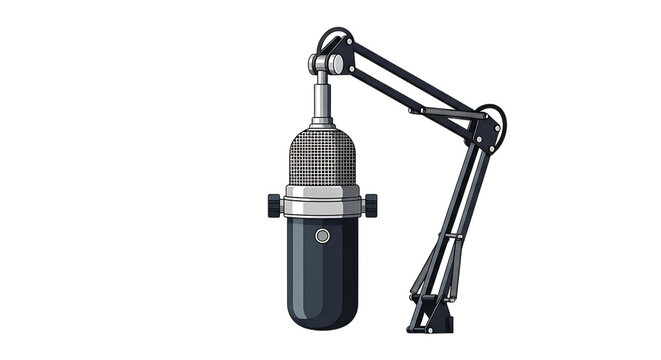A studio microphone on a stand with a metal arm PNG image