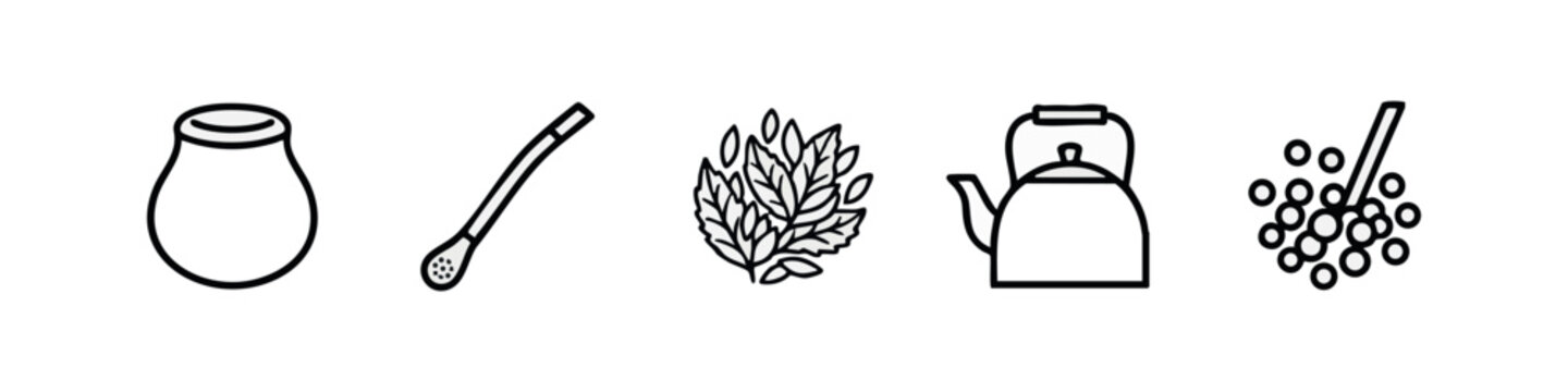 Line Art Yerba Mate Icons Set featuring Gourd Straw and Tea Leaves