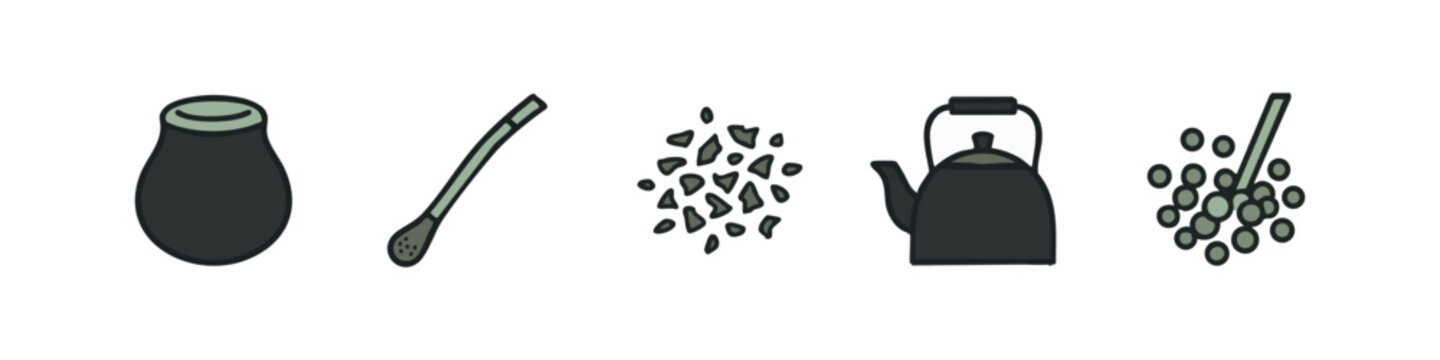 Colored Hand Drawn Yerba Mate Icons Set with Traditional South American Tea Elements