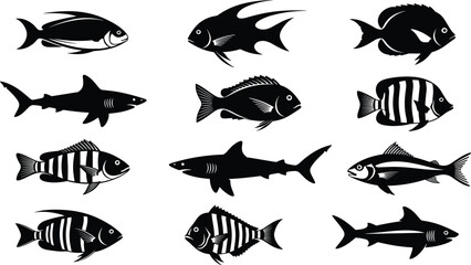 Obraz premium Large collection of diverse fish silhouettes including sharks and tropical reef species isolated on white background for marine nature design
