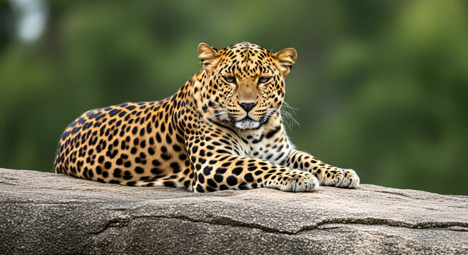 leopard resting on rock in forest