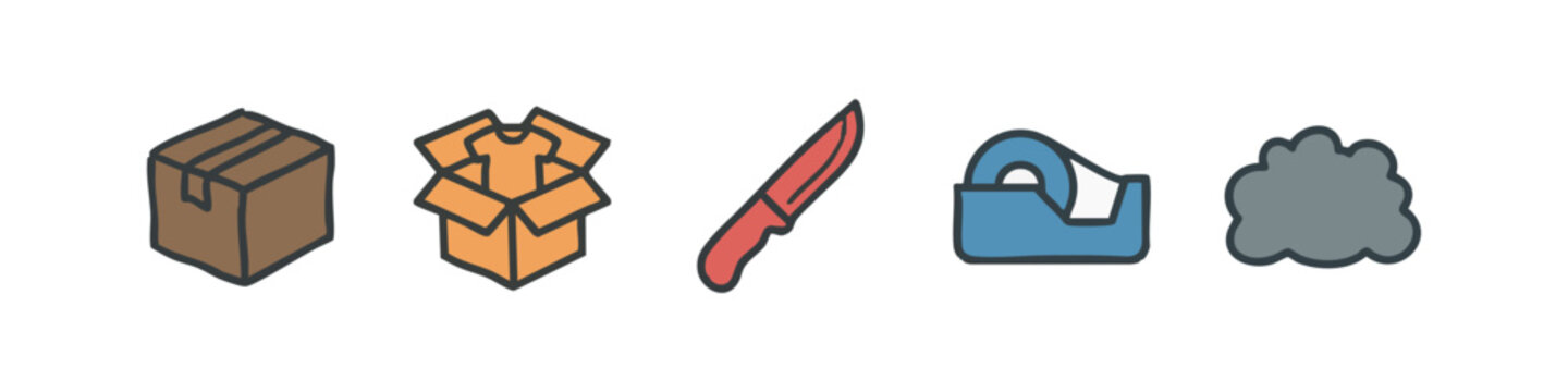 Colorful flat shipping and ecommerce icons set with parcel boxes, packing tape, box cutter and shipping materials.