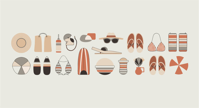 Flat lay of beach essentials and summer vacation items in a minimalist style