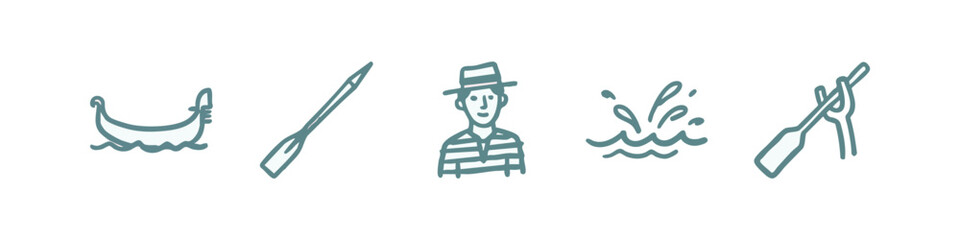 Venice Gondola Hand Drawn Icon Set - Boat, Oar, Gondolier, Water Splash © liubomir118809