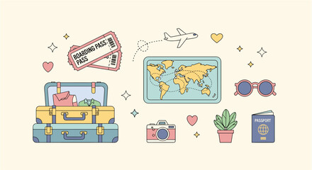 Naklejka premium Travel essentials laid out for an exciting adventure around the world