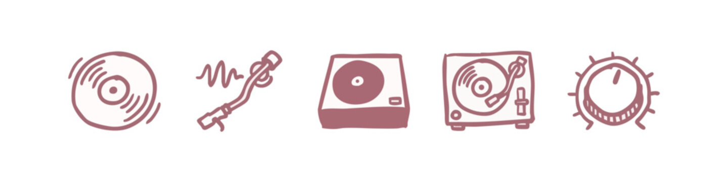 DJ and Music Equipment Hand Drawn Icons - Vinyl, Turntable, Control Knob