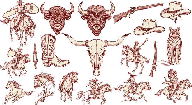 Vintage western cowboy vector collection featuring wild west bison skulls horses rodeo riders boots hats rifles and native american tribal elements