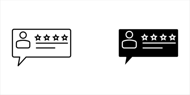 User review and customer testimonial speech bubble icons set with star rating and profile avatar, minimalist outline and solid glyph style, isolated on white background.