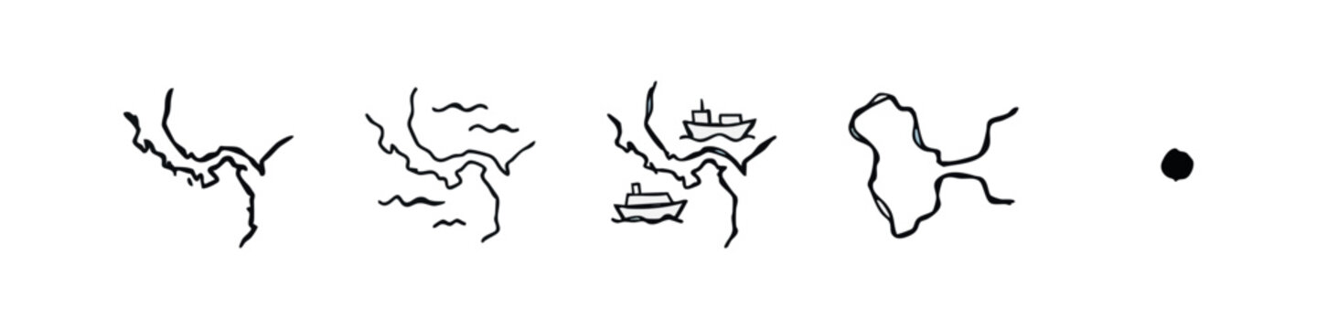 Geography and Canal Sketch Icons - Panama Canal, Strait, Shipping Route