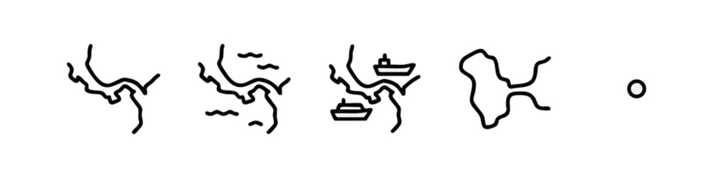Geography and Maritime Route Line Icons - Canal, Strait, Isthmus
