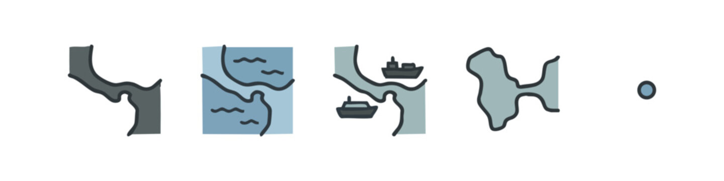 Colored Geography and Shipping Canal Icons - Strait, Isthmus, Map Symbols