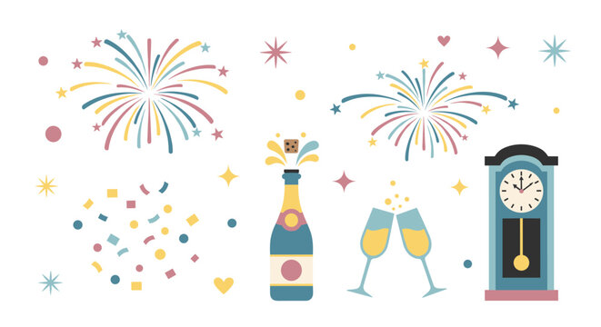Happy New Year celebration with champagne, fireworks, and clock striking midnight