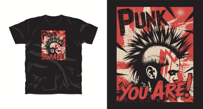 Punk you are t-shirt design with mohawk portrait and grunge style.