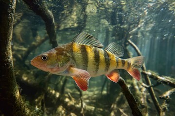 Obraz premium European perch swimming in river water sunlight