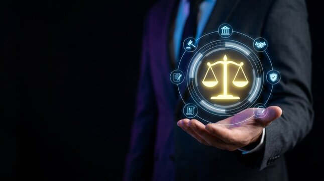 Justice system ensures legal governance and fairness. Justice system protects rights, system upholds laws. Digital Justice and Legal Technology Concept with Glowing Scale Icon on Lawyer Hand