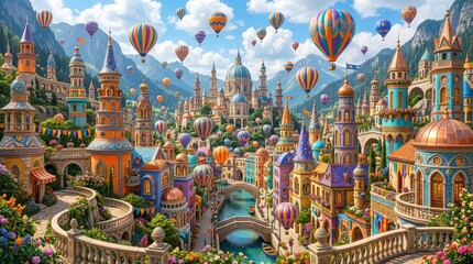 Naklejka premium Fantasy city with colorful architecture, hot air balloons, and surreal landscapes.