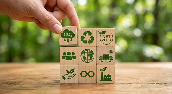Hand placing wooden blocks with sustainability icons in a 3x3 grid, symbolizing ESG strategy, net zero goals, and environmental responsibility.