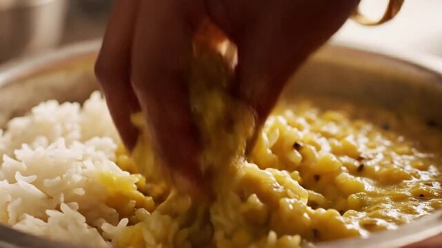 Mixing Traditional Dal Bhat and Rice by Hand
