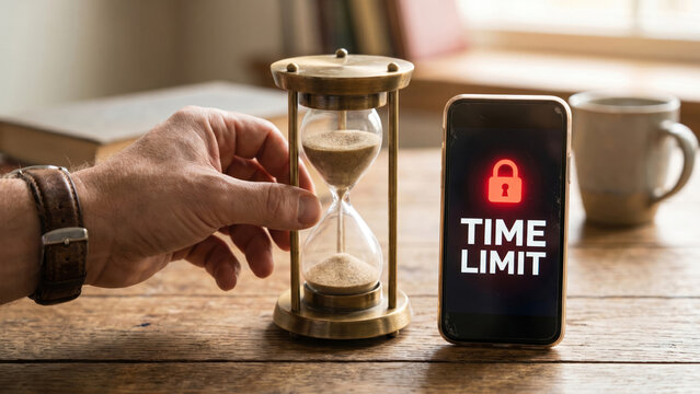 Time Limit for Children: Vintage Hourglass Next to Smartphone Screen Restriction